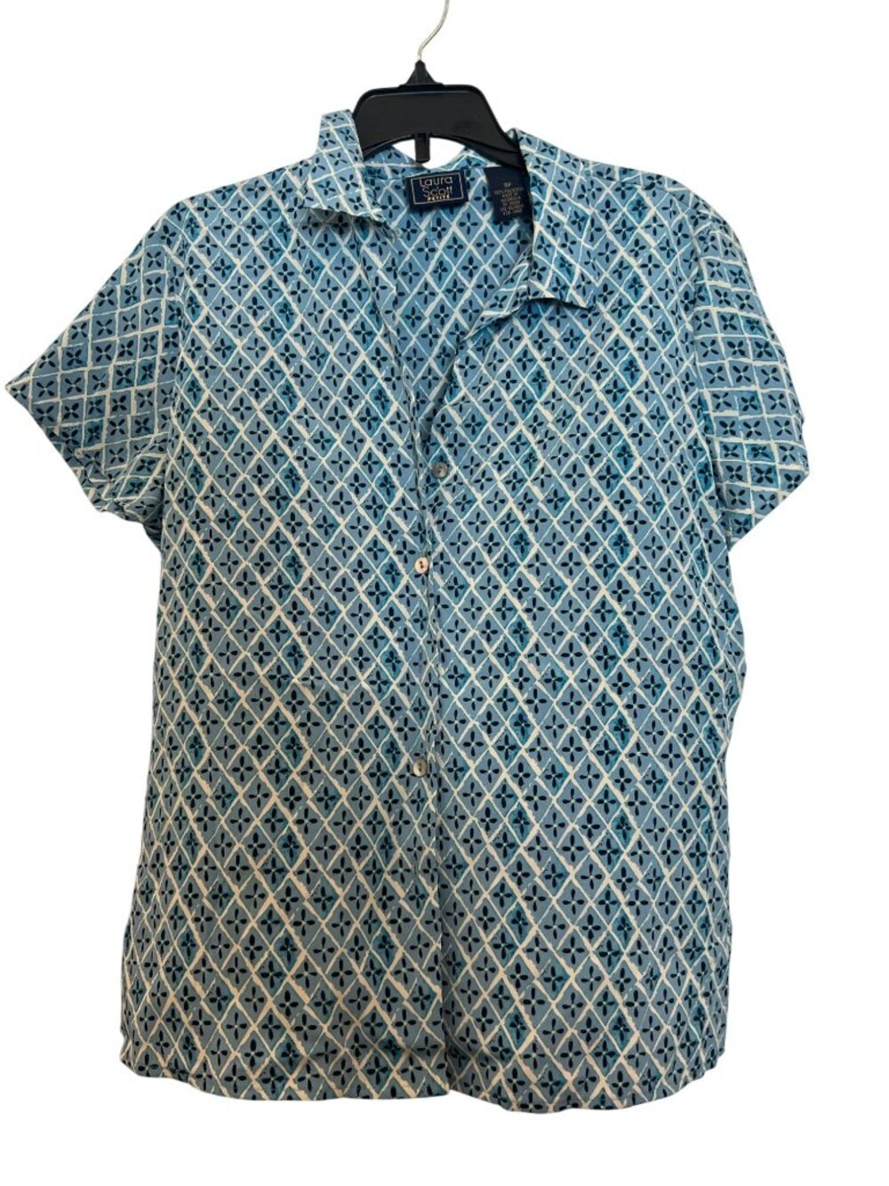 Laura Scott Petite Womens 8P Blue Diamond Short Sleeve Button-Up Blouse